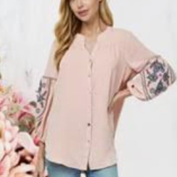 FIG and FLOWER Anthro Pink Floral Embroidered Peasant Blouse size small - Picture 1 of 8